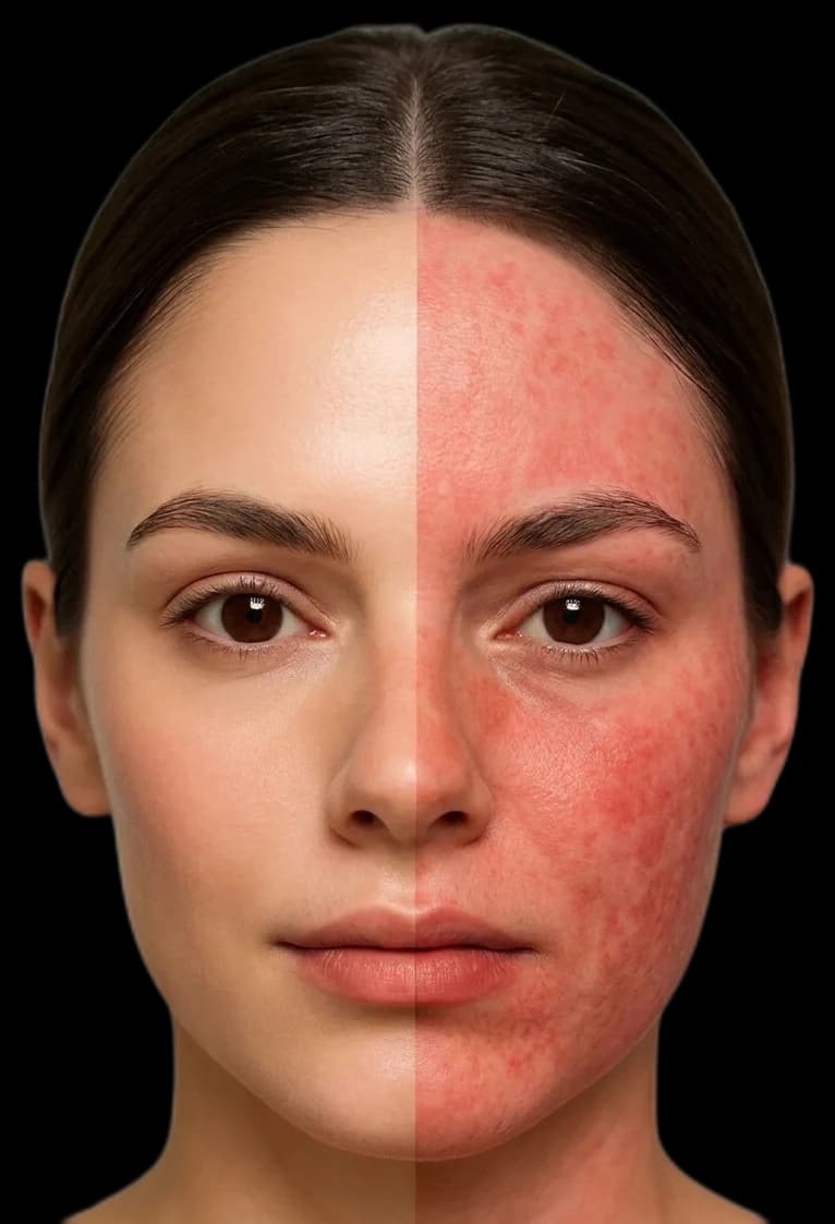 One face, two outcomes — reactive skin next to calm skin